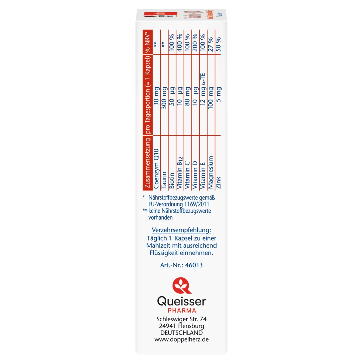 Abbildung der Produktverpackung Doppelherz aktiv Taurin + Q10 Seitenansicht links